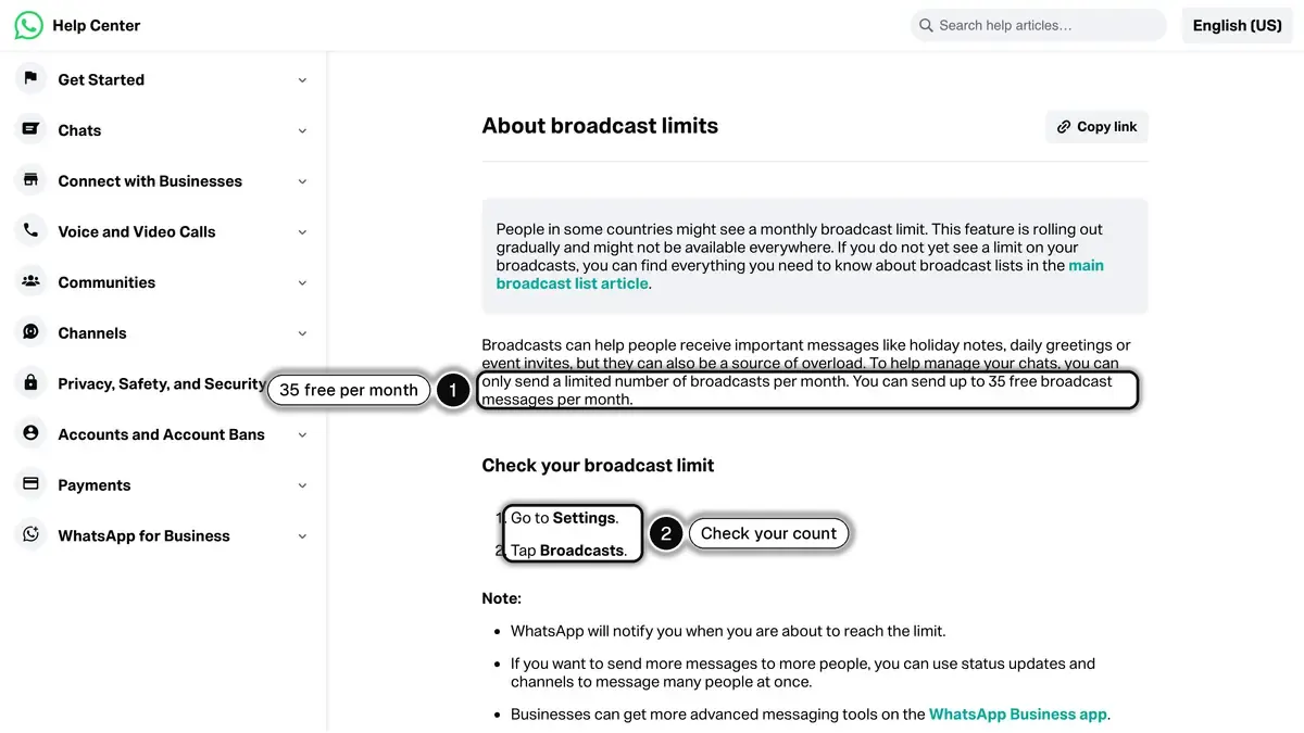 WhatsApp Help Center: the monthly broadcast limit of 35 free broadcast messages, rolling out in some countries