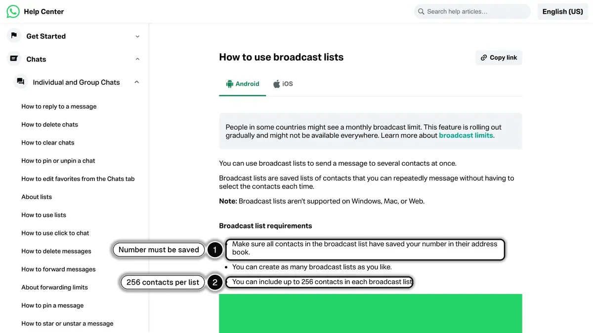 WhatsApp Help Center: broadcast list requirements, with 256 contacts per list and recipients who saved your number