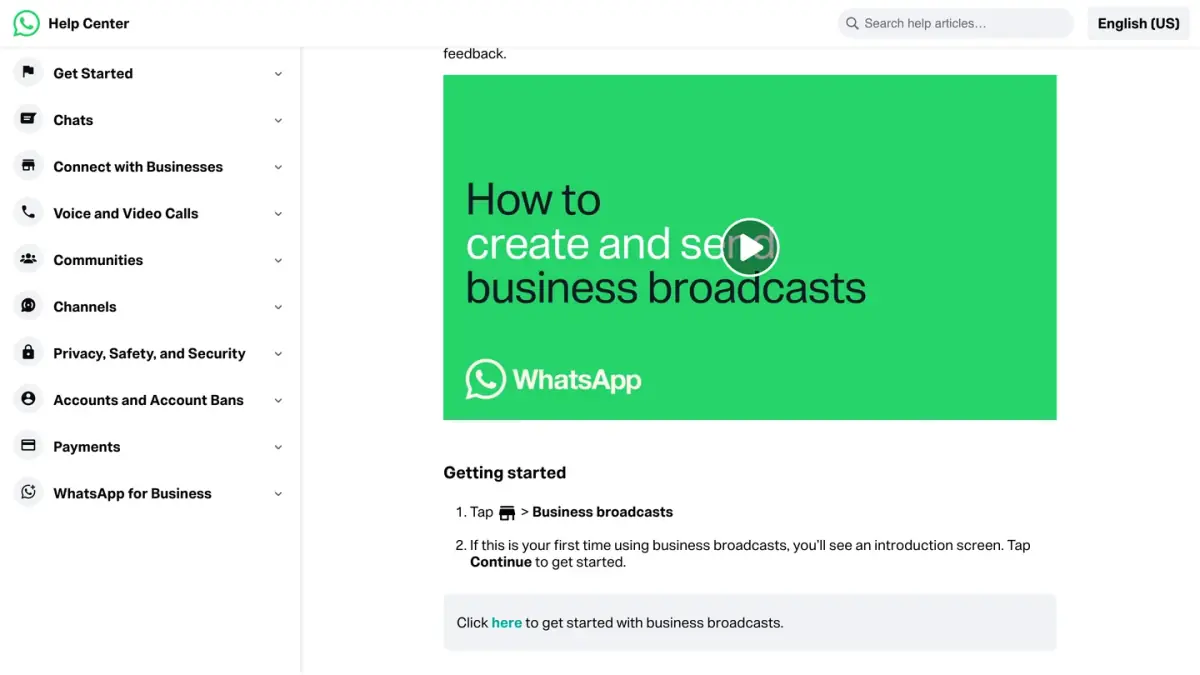 WhatsApp Help Center page How to create and send a business broadcast, Android version