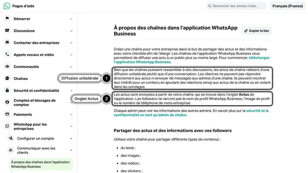 Page d'aide WhatsApp sur les chaînes dans l'application WhatsApp Business : une diffusion unilatérale publiée dans l'onglet Actus