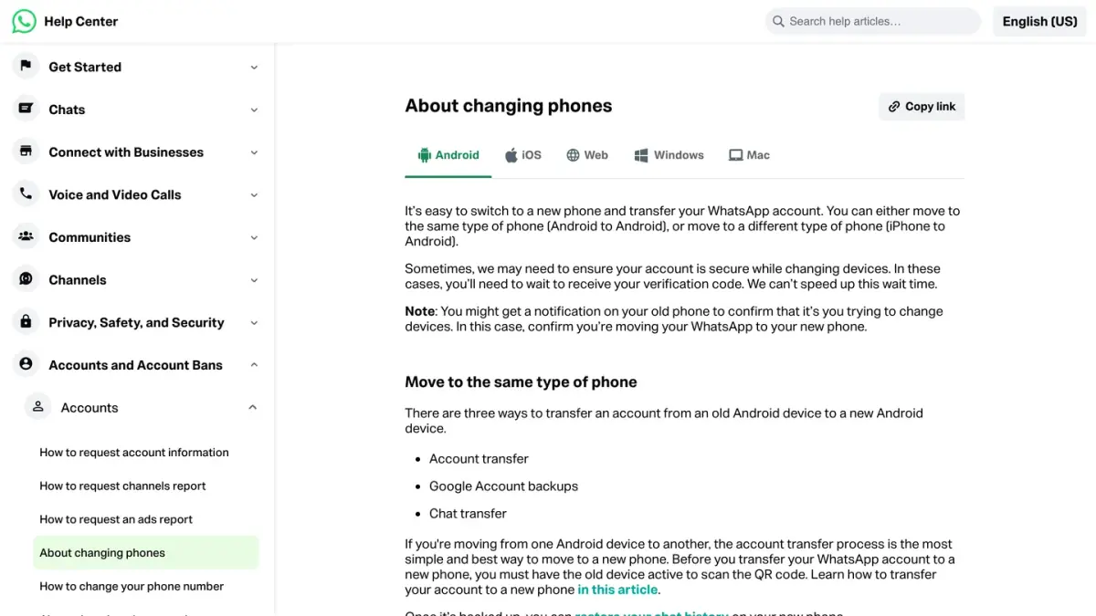 WhatsApp Help Center page About changing phones, with the ways to move to a new phone