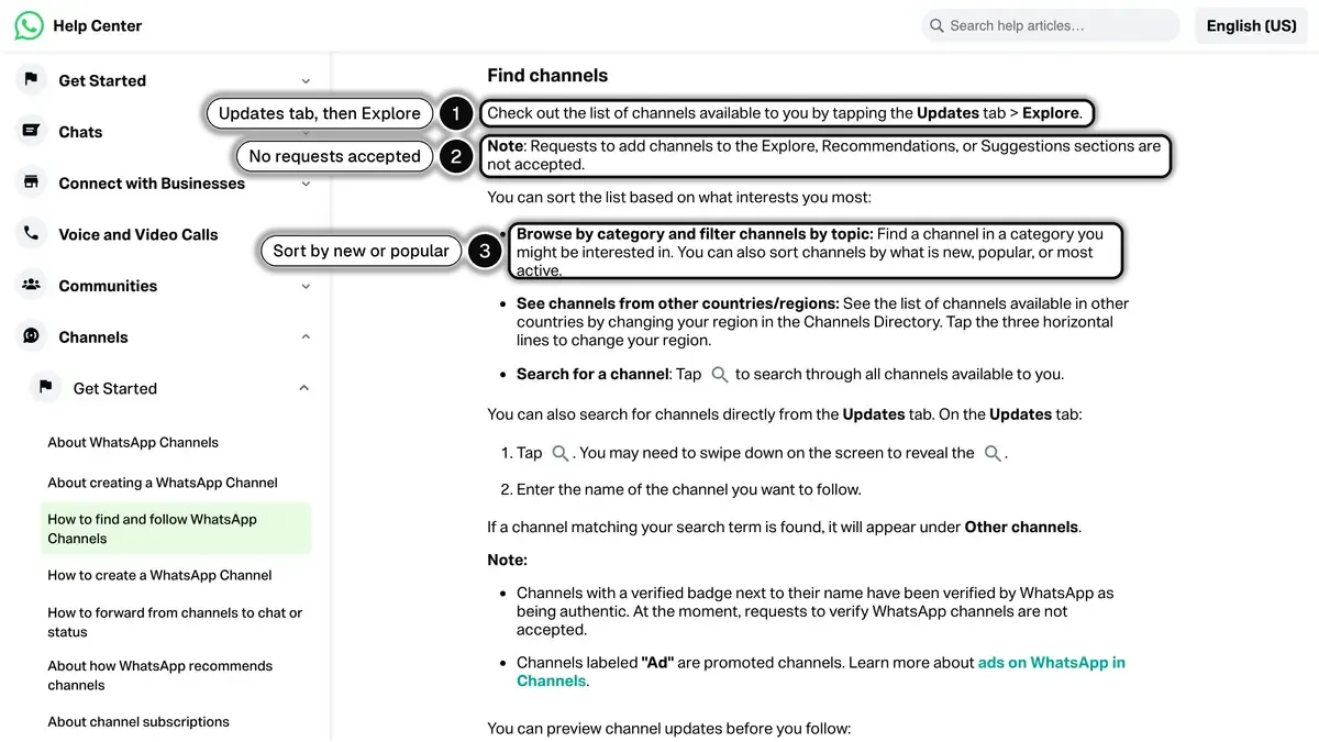 WhatsApp Help Center page on finding channels, with the path Updates tab then Explore (1), the note that requests to add a channel to Explore are not accepted (2) and the sort by new, popular or most active (3)