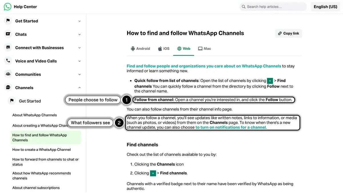WhatsApp Help Center: how people find and follow WhatsApp Channels, and what they see from a channel