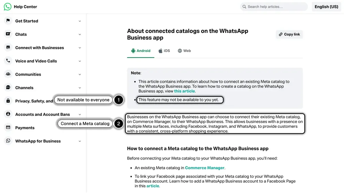 WhatsApp Help Center page on connected catalogs, explaining that a business can connect its existing Meta catalog from Commerce Manager to the WhatsApp Business app