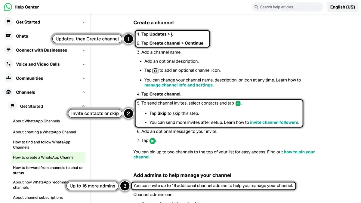 WhatsApp Help Center page on creating a channel, with the first steps from the Updates tab (1), the optional contact invites that can be skipped (2) and the limit of 16 additional admins (3)