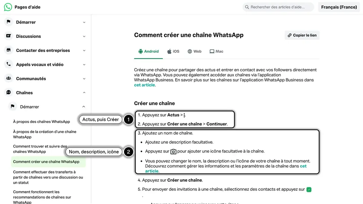 Page d'aide WhatsApp « Comment créer une chaîne WhatsApp » : Actus, Créer une chaîne, puis nom, description et icône