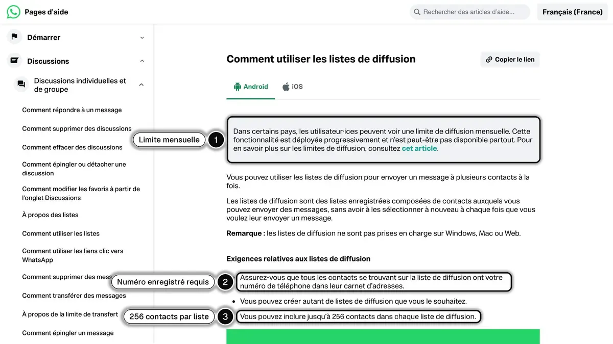 Page d'aide WhatsApp « Comment utiliser les listes de diffusion » : numéro enregistré requis, 256 contacts par liste et limite mensuelle dans certains pays