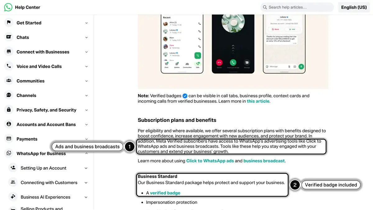 WhatsApp Help Center article on Meta Verified for Business, with the access to Click to WhatsApp ads and business broadcasts (1) and the verified badge listed in the Business Standard package (2) highlighted