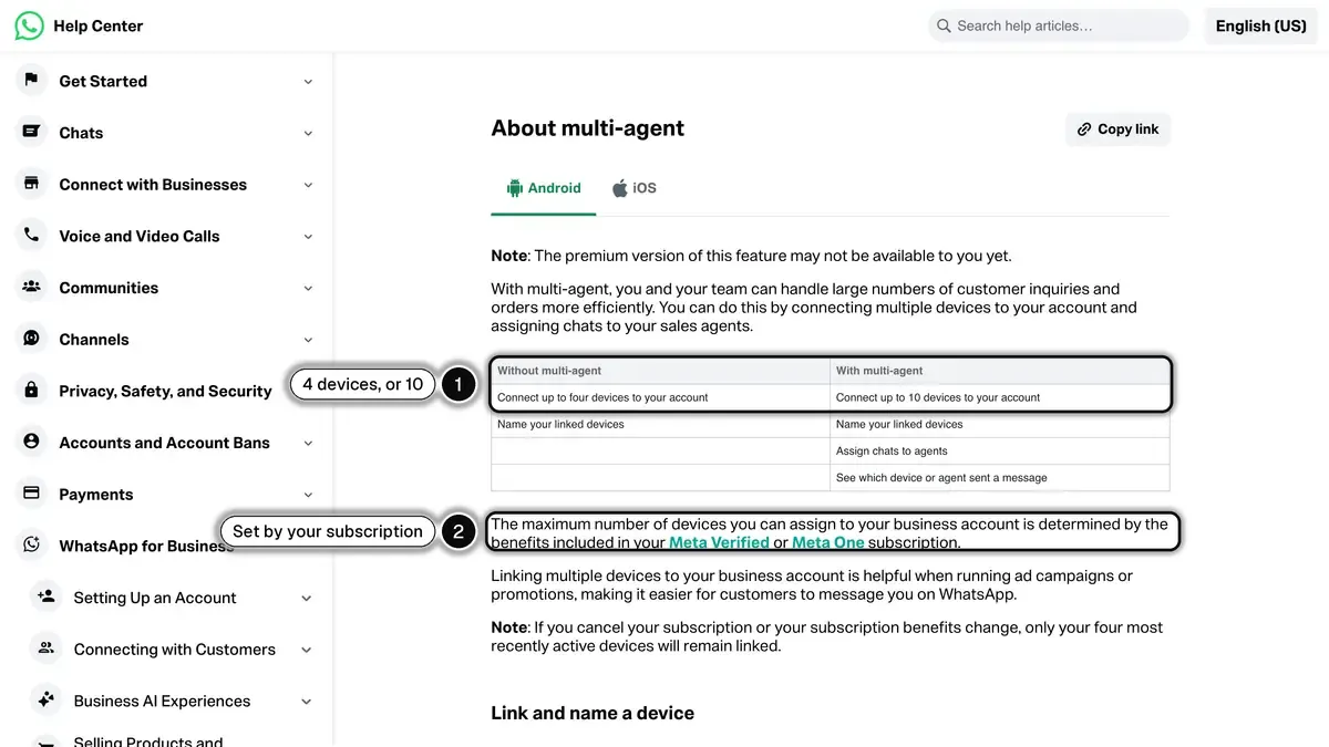 WhatsApp Help Center page on multi-agent, comparing four linked devices without it and 10 with it