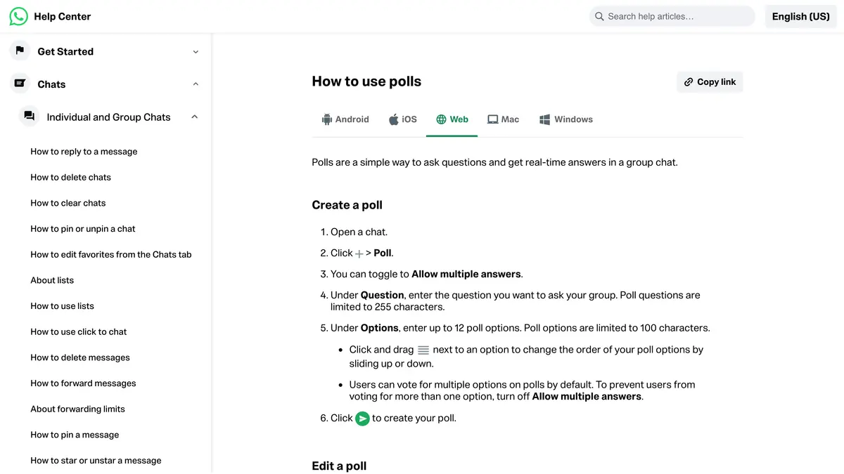 WhatsApp Help Center page on how to use polls, with the steps to create one and the 12 option limit