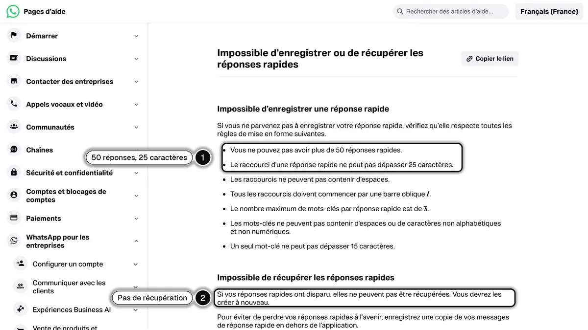 Page d'aide de WhatsApp sur les règles des réponses rapides, avec la limite de 50 réponses et de 25 caractères mise en évidence