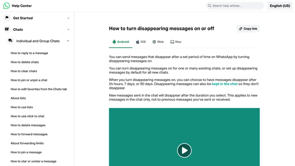 WhatsApp Help Center page How to turn disappearing messages on or off, Android version