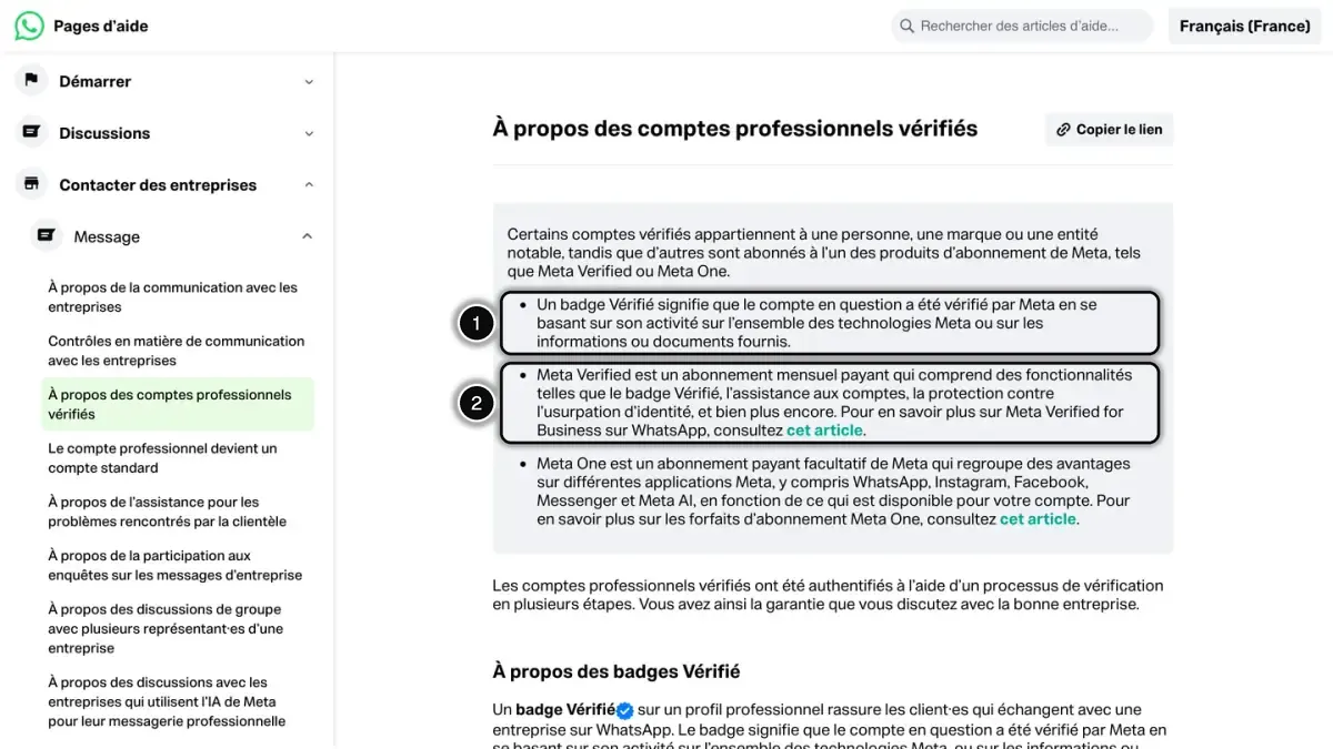 La page d'aide de WhatsApp sur les comptes professionnels vérifiés, avec le sens du badge Vérifié (1) et l'abonnement payant Meta Verified (2) en évidence