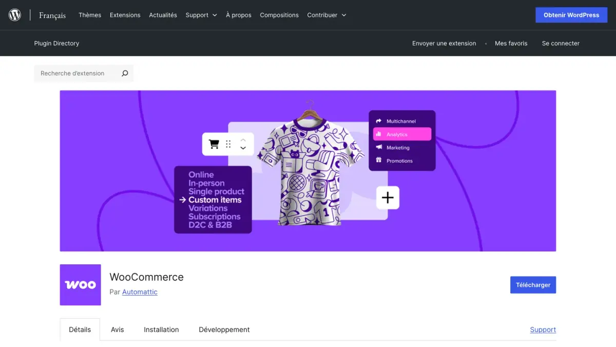 Fiche de l'extension WooCommerce dans le répertoire d'extensions de WordPress.org en français